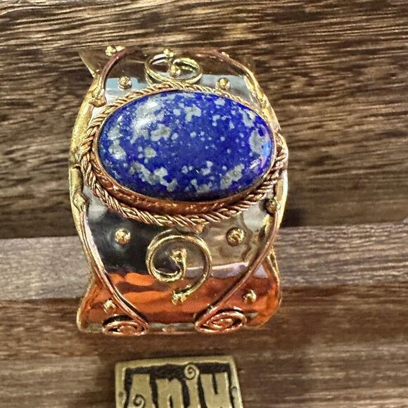 Artisan 2-Inch Wide Lapis Lazuli Cuff Bracelet, Adjustable‎ Mixed Metals, Gift R - Picture 5 of 13